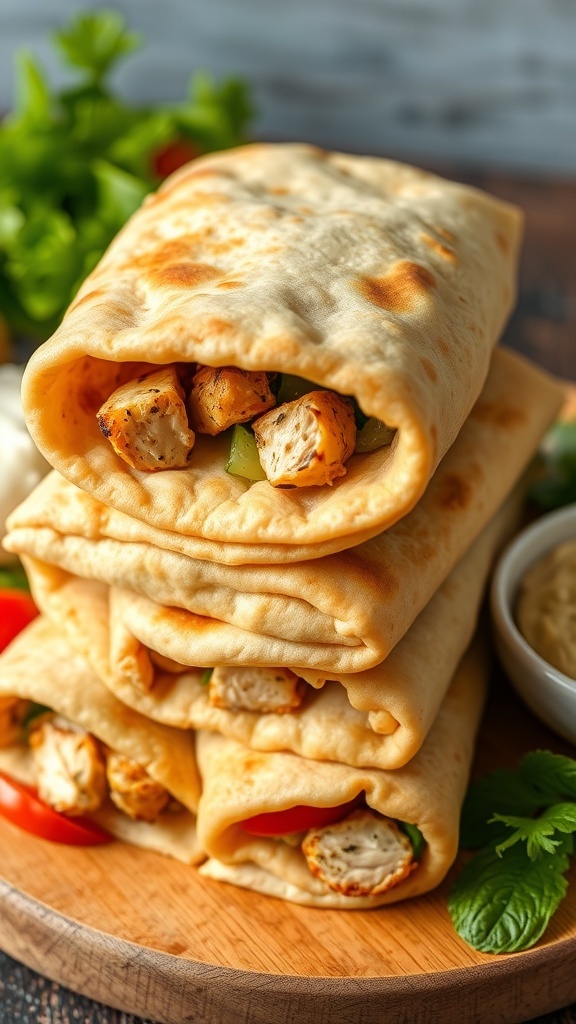 Homemade Pita Bread Wraps Recipe Freshly baked pita bread wraps on a wooden board with colorful fillings and hummus.